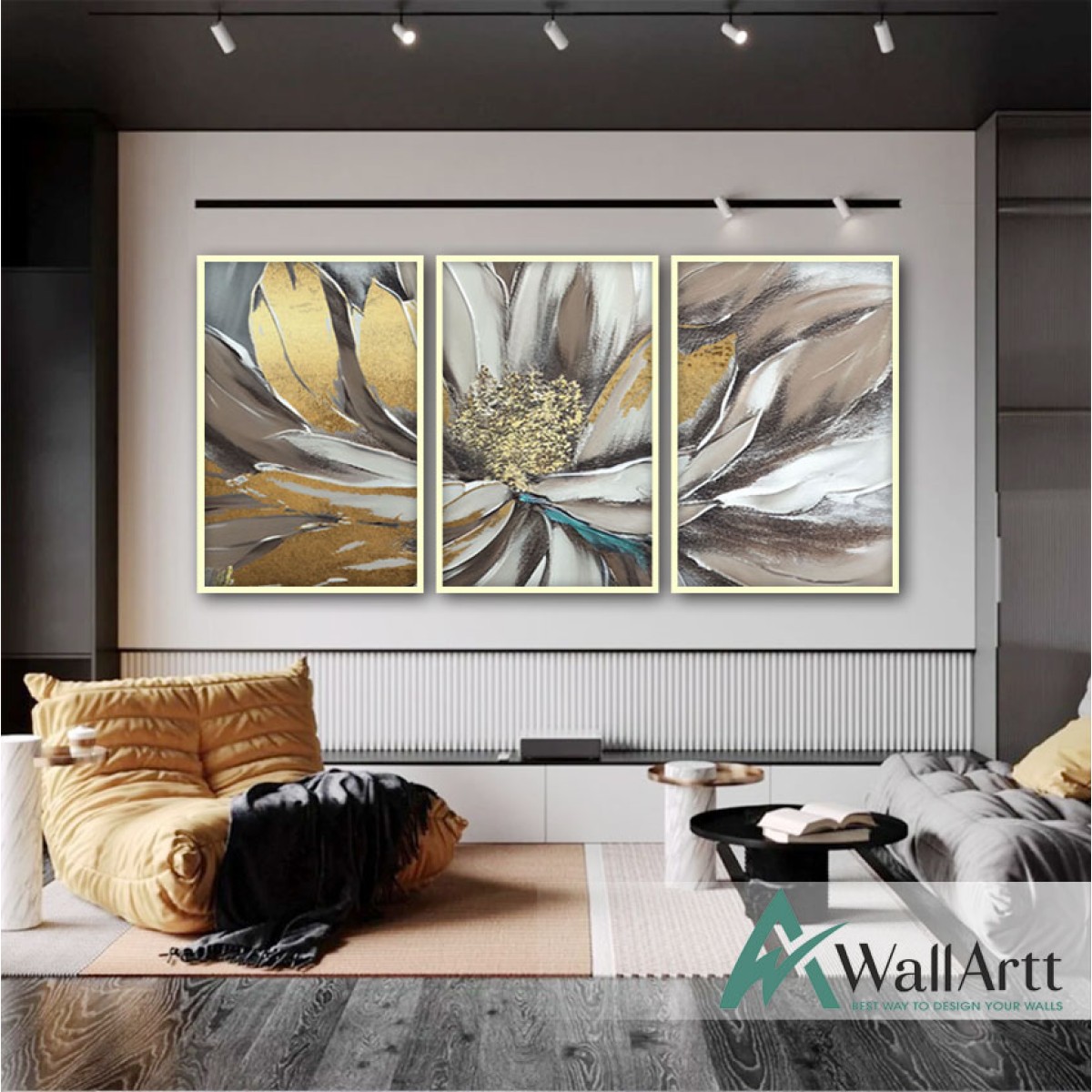 White Gold Leaves 3 Piece 3d Heavy Textured Partial Oil Painting